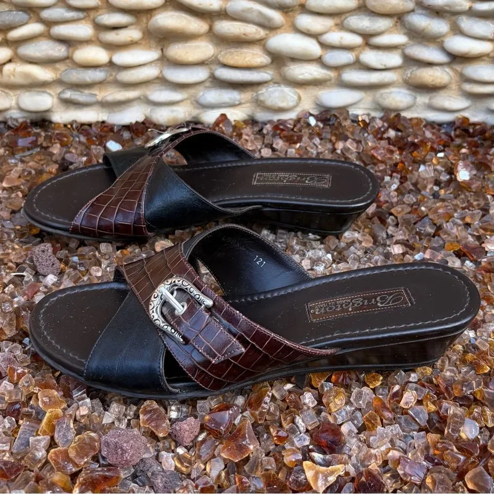 Brighton Lorna Black/Brown Silver Buckle Slip-On Sandales/Loafers Size 7 Boho